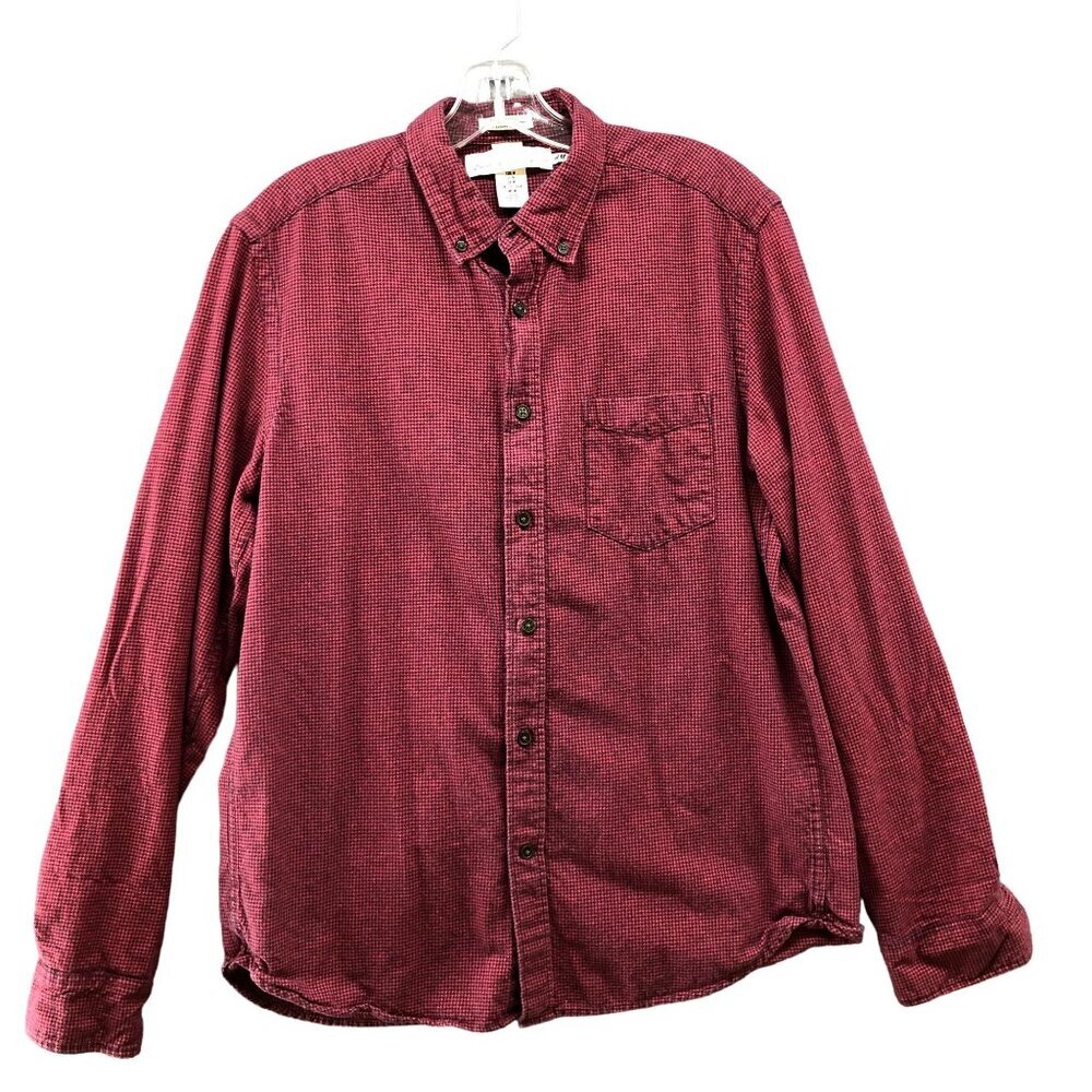 H&M Flannel Shirt Mens Medium M Red Houndstooth Plaid Long Sleeve Lightweight